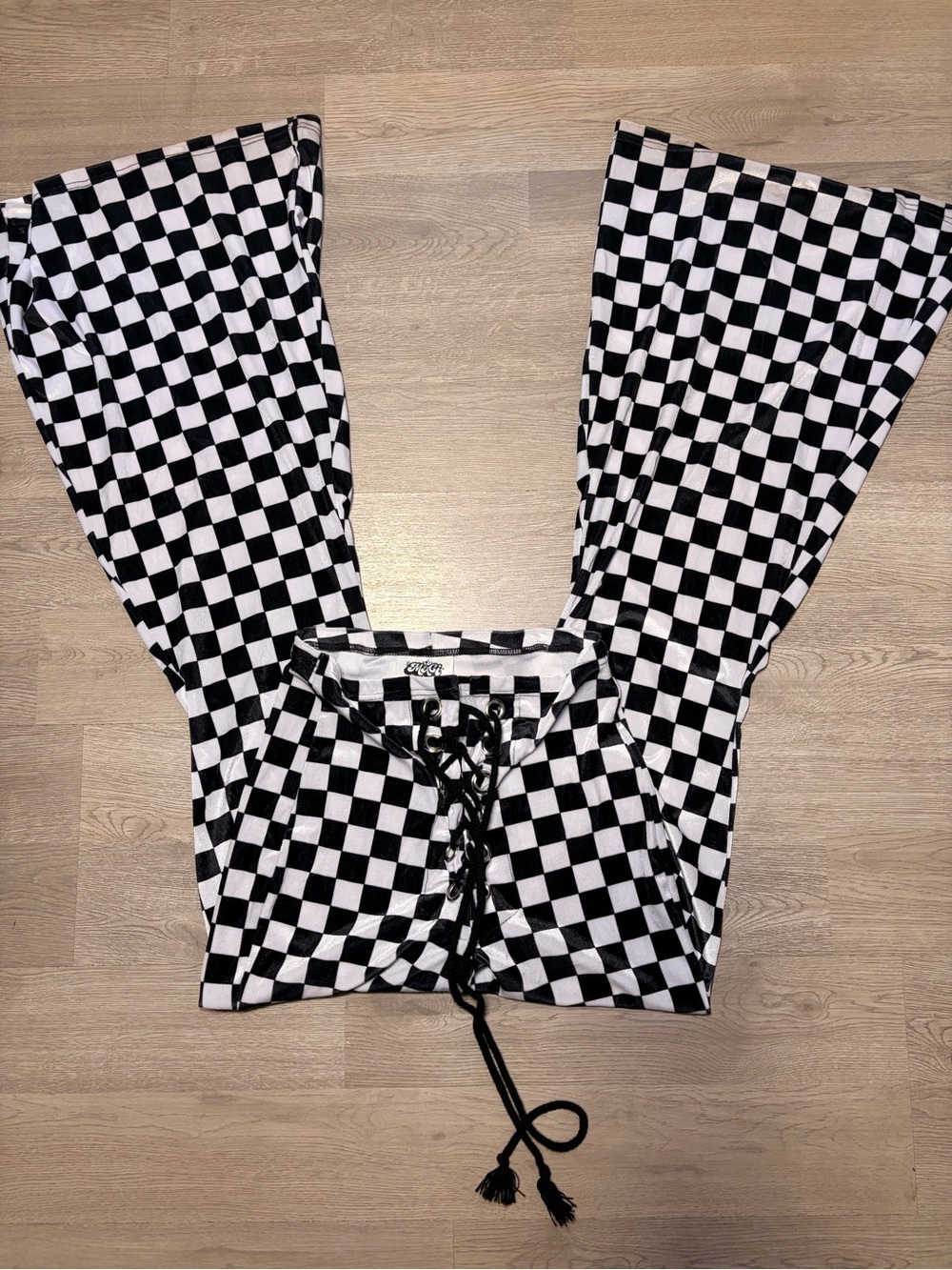 Checkerboard Lace Up Flare Pants in Black & White